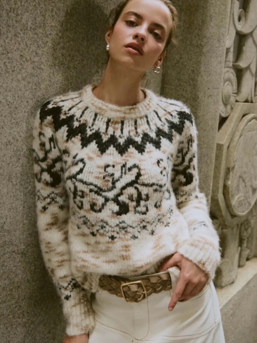 Tanya Taylor Duke Fair Isle Sweater in Cream Multi. Alpaca Wool Blend - Women XL